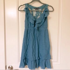 Teal Mesh Lace Back Gauzy Ruffle V-Neck Dress